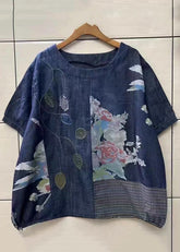 Lose Marineblaue Patchwork-Denim-T-Shirts mit O-Ausschnitt